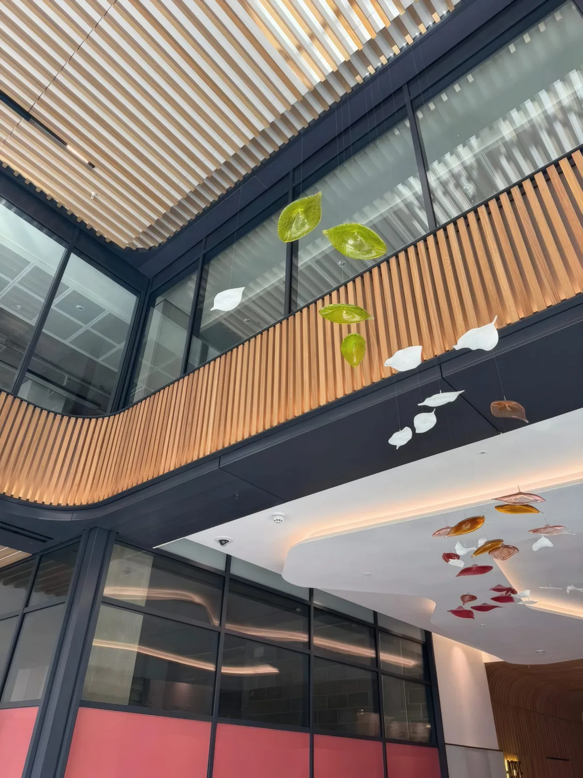The completed multi-storey glazed atrium facade.