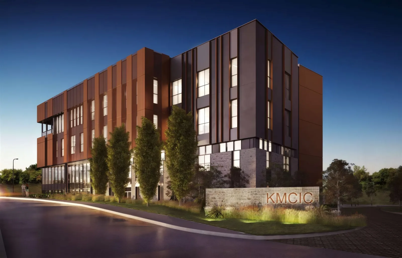 Computer-generated view of the Innovation Centre at dusk.