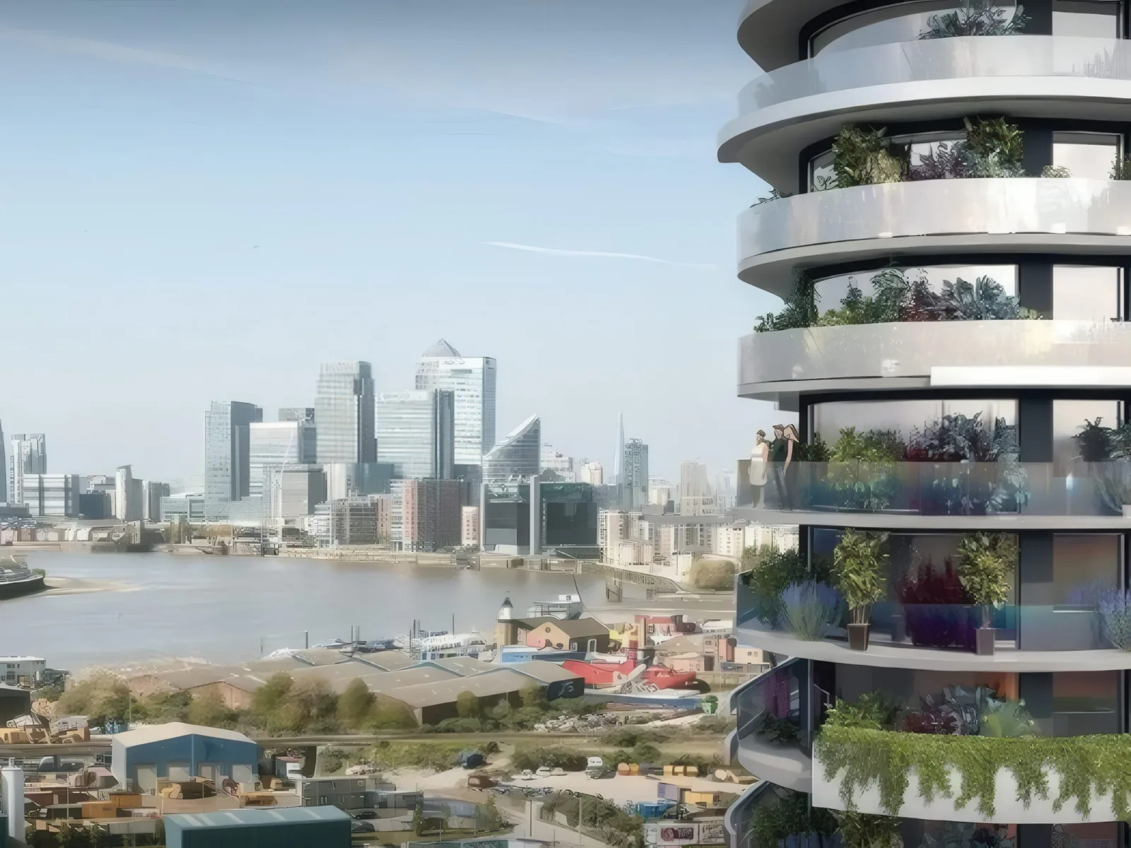 Computer-generated view from the planted balconies towards Canary Wharf.